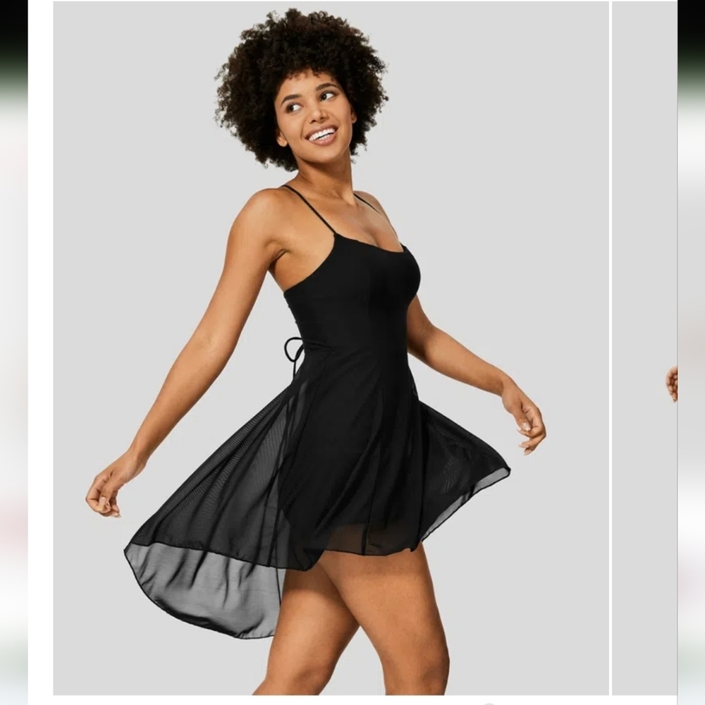 Backless Lace Up 2-in-1 Pocket High Low Mesh Flowy Mini Dance Active Dress